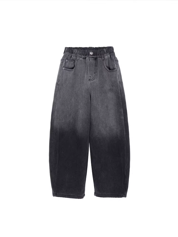 Quần thường ngày đa năng cho trẻ em, quần jean đen và xám cho bé trai, quần thẳng lót lông cừu mùa xuân, mùa thu và mùa đông cho trẻ em cỡ vừa và lớn, trang phục dành cho cha mẹ và con cái