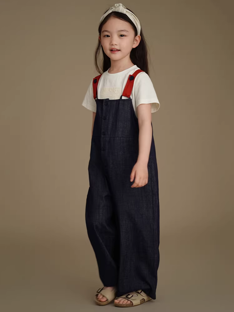 Quần yếm denim bé trai bé gái thu đông 2025, quần dài ống đứng trẻ em, kiểu dáng xuông, quần yếm dài
