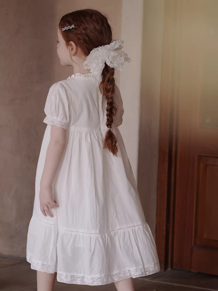 Váy ren trắng kiểu Pháp cho bé gái mùa hè 2025, váy trẻ lớn, trang phục mẹ và bé, váy công chúa ngắn tay