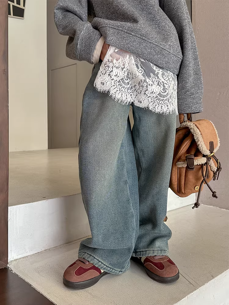 Quần áo trẻ em mùa đông cho bé gái, quần jean lót lông cừu phối ren, quần kiểu thu đông, quần ống thẳng cho trẻ lớn, quần dài đa năng.