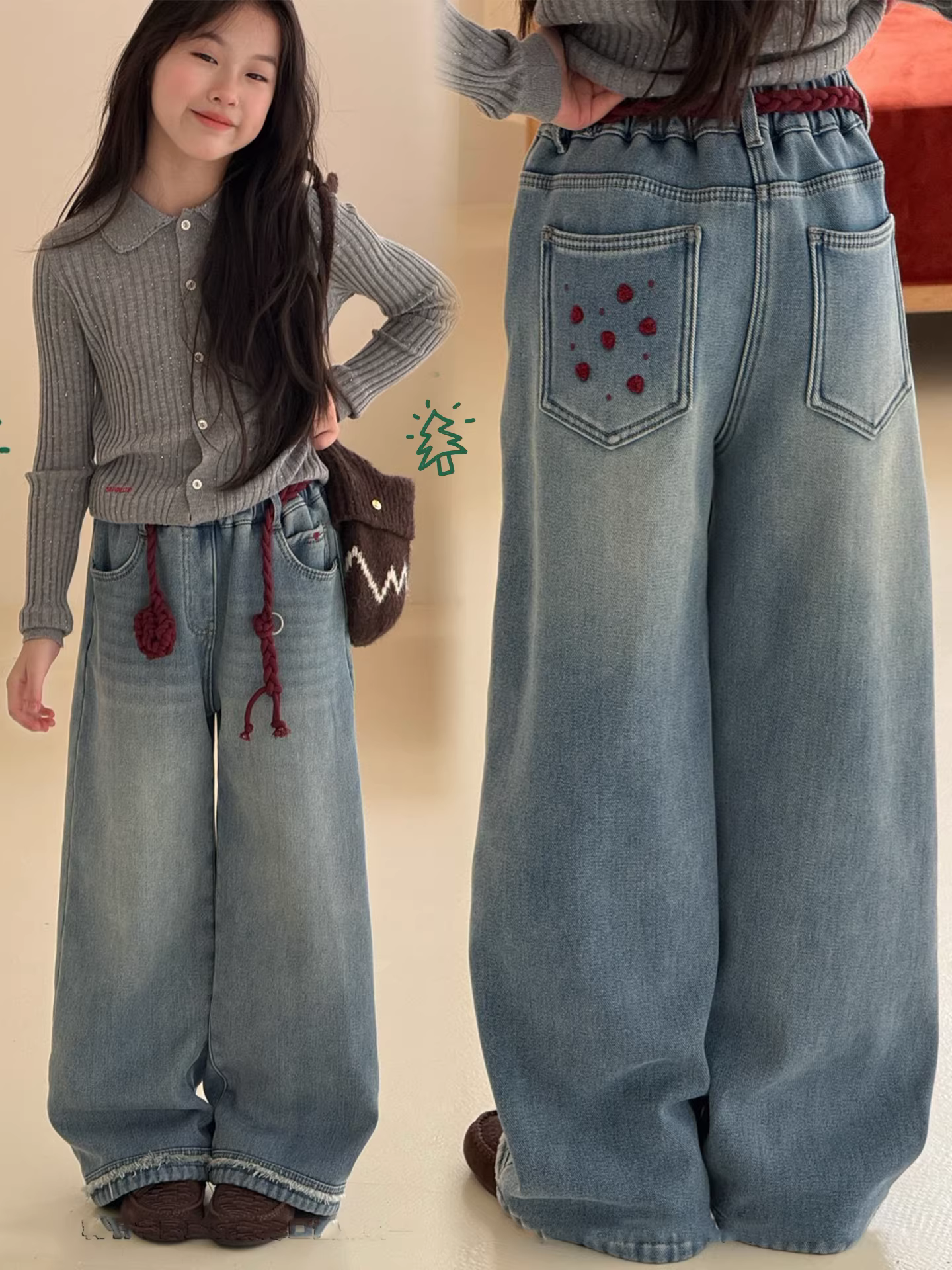 Quần jean ống đứng lót lông cừu thêu họa tiết mùa đông 2025 kiểu mới dành cho trẻ lớn, quần kiểu vintage thường ngày