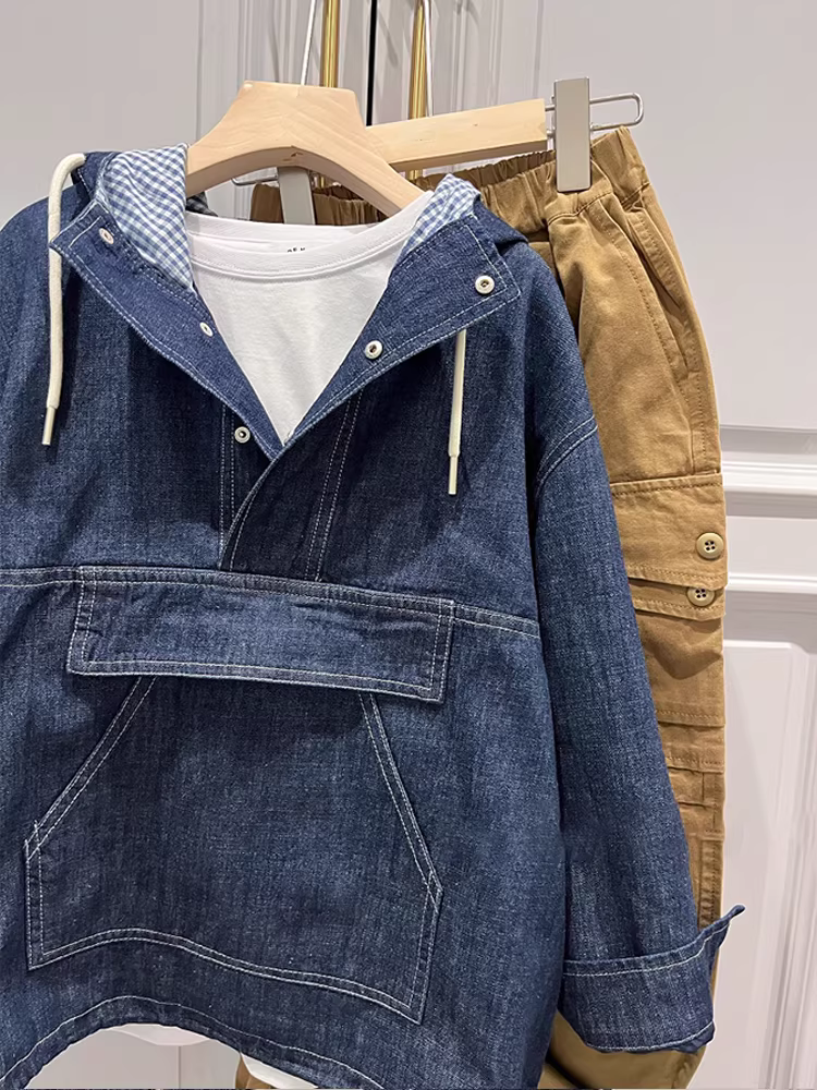 Áo khoác nỉ denim kiểu Hàn Quốc tay dài cho bé trai và bé gái, thiết kế mùa xuân thu 2025, kiểu dáng áo len chui đầu thường ngày