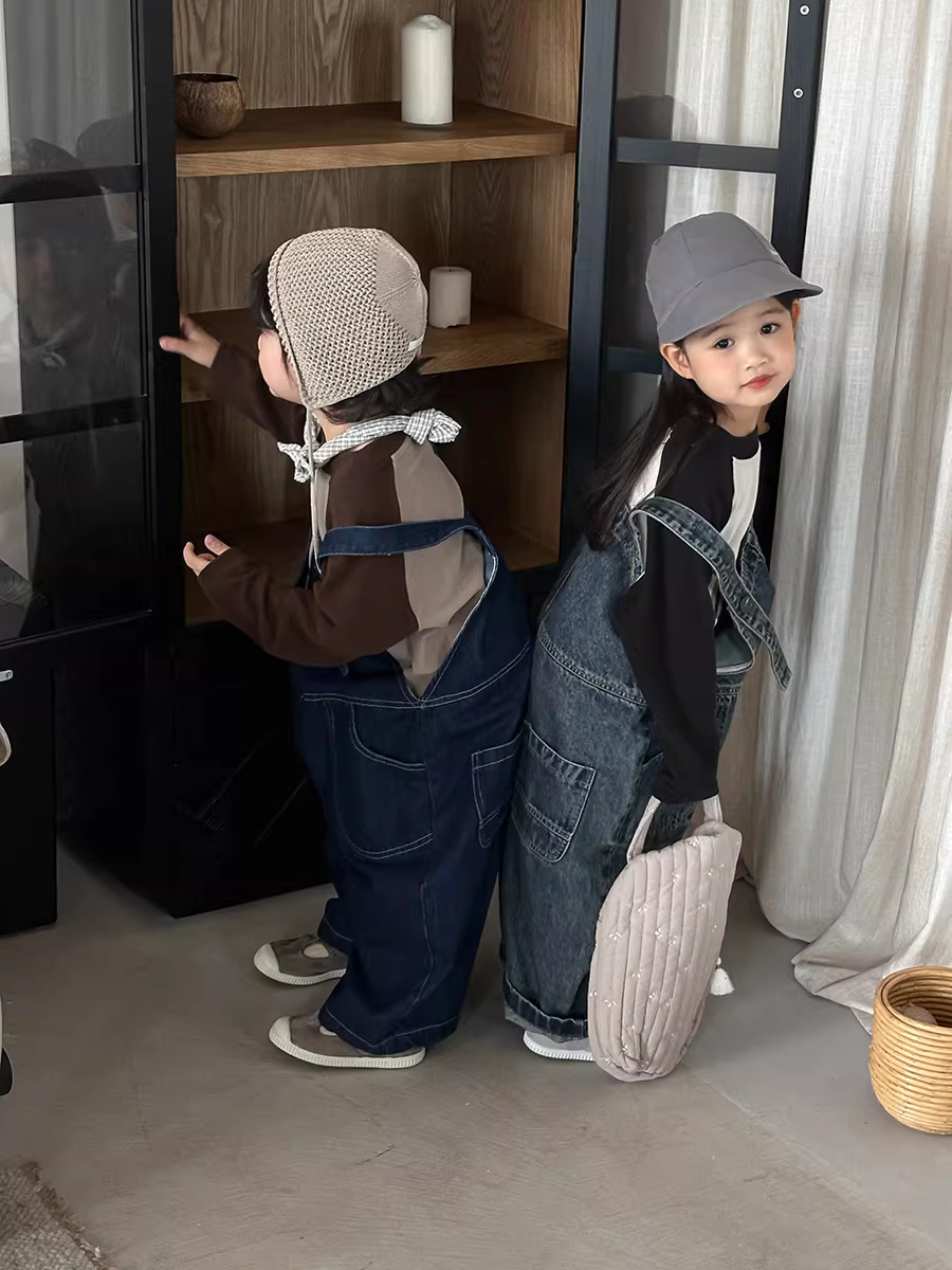 Quần yếm denim cho bé gái mùa thu phong cách Hàn Quốc Bộ áo liền quần trẻ em thẳng quần ống rộng quần dài thông thường quần dài đa năng