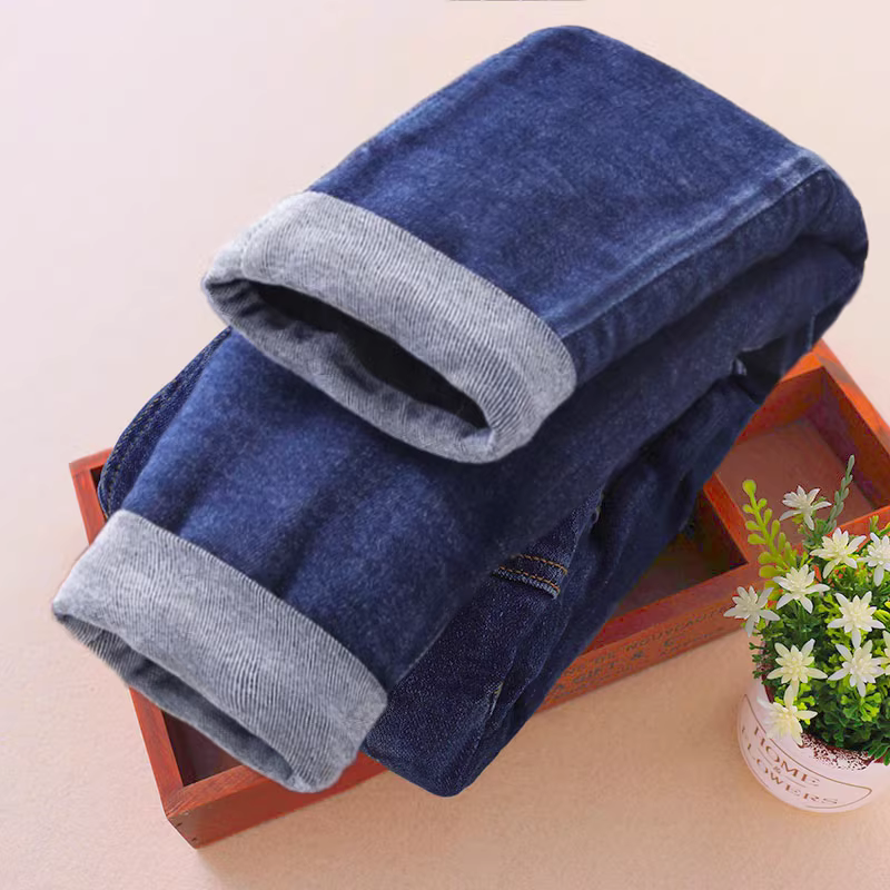 Quần cotton cho bé gái, quần áo khoác ngoài dày dặn ba lớp mùa đông, một đôi quần trẻ em cỡ vừa và lớn, quần jean lót lông cừu cho bé gái.