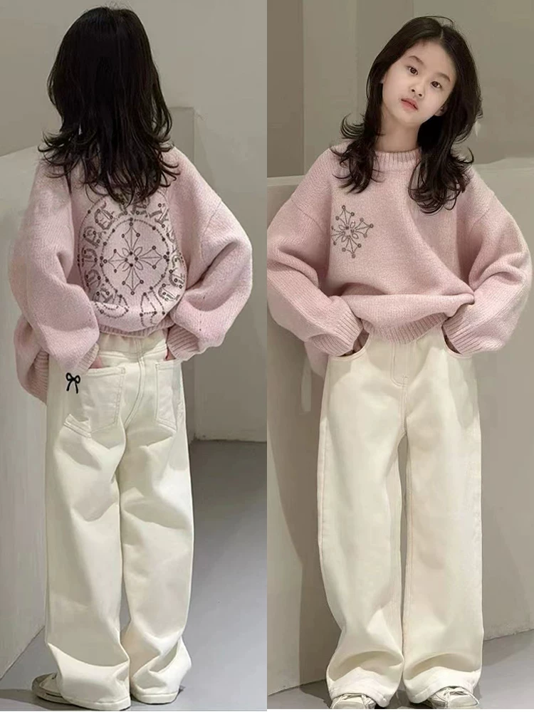 Quần jeans kiểu Hàn Quốc cho bé gái mùa xuân thu, quần trẻ em 2025 kiểu dáng mới thời thượng, quần trắng rộng ống thẳng dành cho bé gái lớn