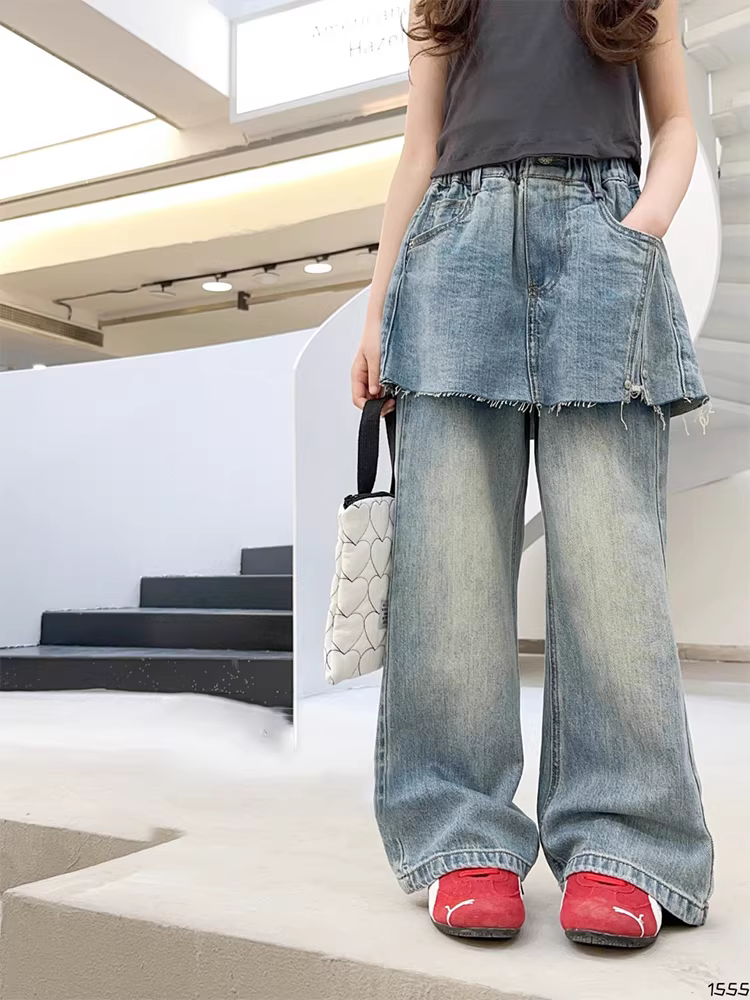 Quần jean ống đứng cho bé gái mùa xuân/hè 2025, quần dài rộng rãi, thoải mái, dành cho trẻ lớn, quần ống rộng thời trang trẻ em