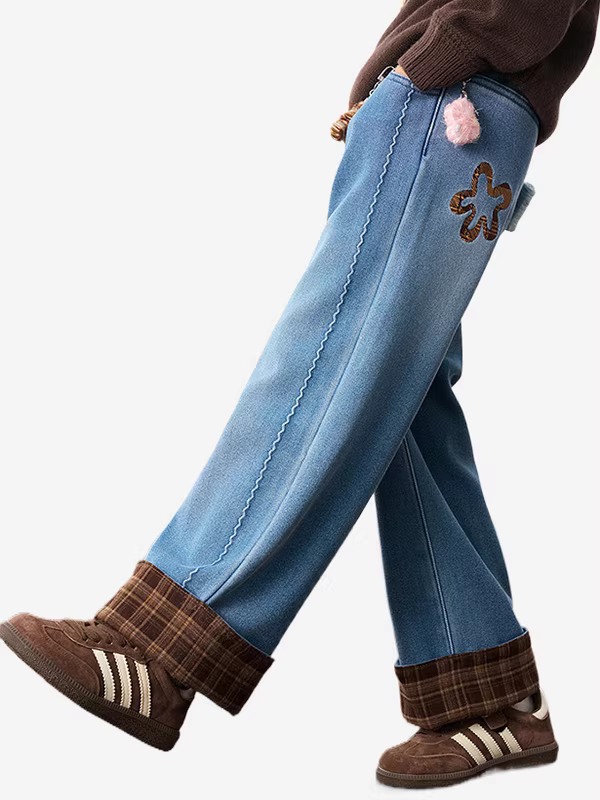 Quần áo trẻ em quần jean bé gái mùa đông lót lông kẻ sọc quần ống đứng 25 kiểu mới quần trẻ lớn tích hợp lông cừu quần thường ngày