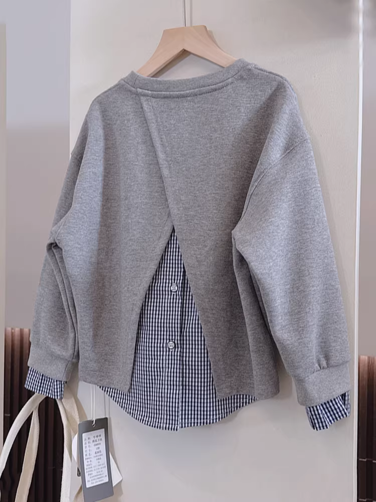 Áo nỉ giả hai mảnh phối họa tiết ca rô dành cho bé gái, kiểu Hàn Quốc, phong cách thường ngày, in hình trái tim và chữ, mùa xuân 2025, dành cho trẻ lớn hơn