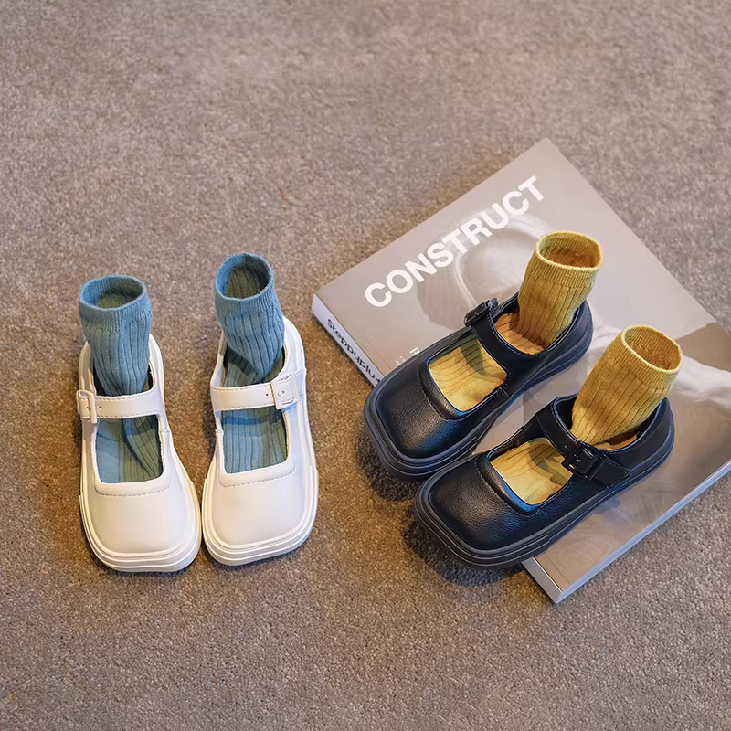 Giày da thật nữ bé gái xuân thu 2025 kiểu Anh đế mềm giày đơn trẻ em màu đen giày retro trẻ em