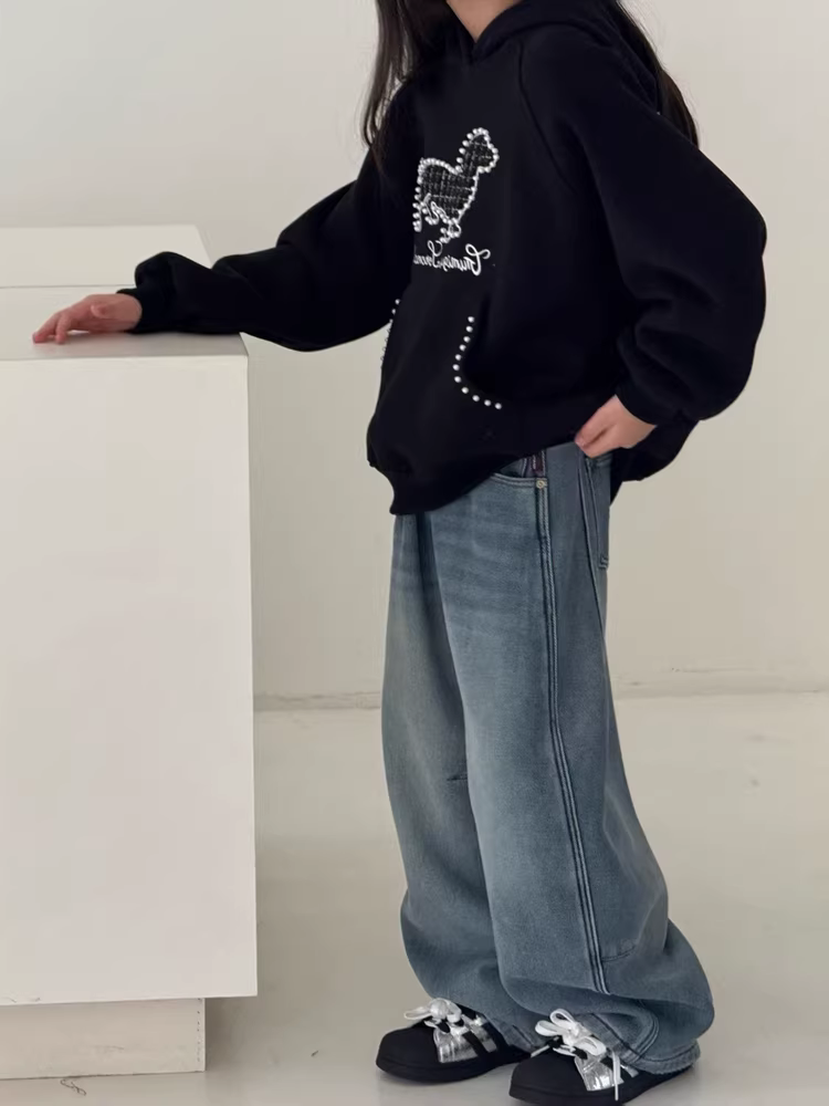 Quần jean ống cong lót lông cừu rộng rãi dành cho trẻ em mùa thu đông, bé trai và bé gái, lông cừu tích hợp, quần ống rộng thẳng mềm mại, quần ống rộng hợp thời trang