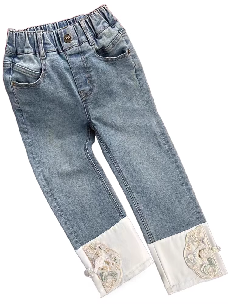 Quần jean ống đứng kiểu Trung Quốc dành cho bé gái Bộ sưu tập mùa xuân mới 2025 Quần thuốc lá hợp thời trang dành cho trẻ lớn hơn Quần kiểu Trung Quốc mới