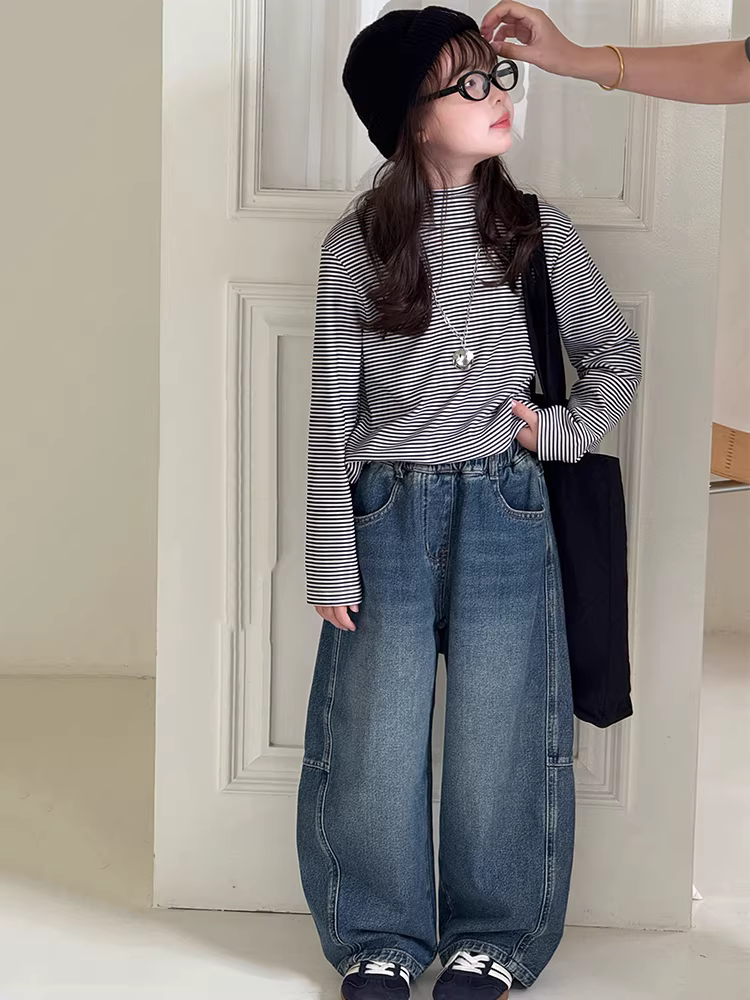 Quần denim mùa thu cho bé trai và bé gái, quần harem retro kiểu bố, quần dài rộng rãi cho trẻ em trung bình và lớn, quần dài dáng rộng nhỏ nhắn