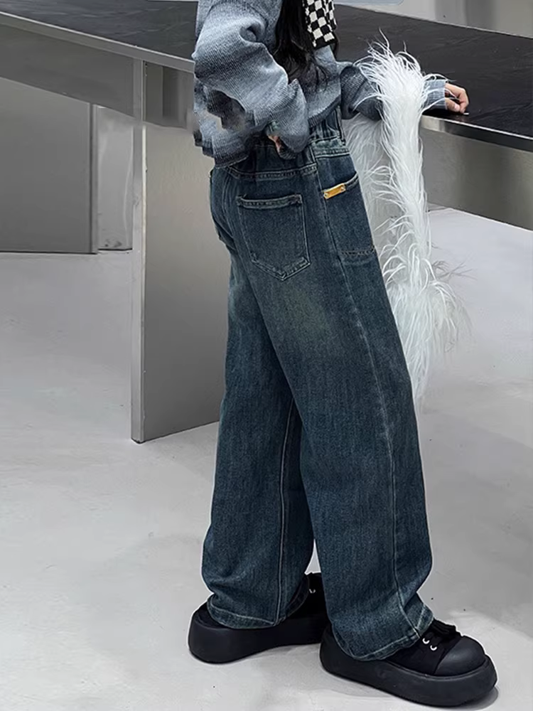 Quần áo trẻ em Hàn Quốc quần ống đứng cho bé gái mùa xuân thu phong cách retro mới quần jean trẻ em thời trang dành cho trẻ lớn quần dài đến sàn hợp thời trang