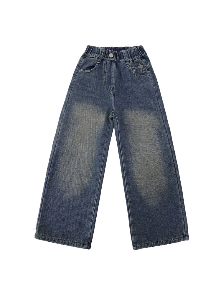 Quần jeans dày lót lông cừu cho bé gái, kiểu dáng mới thu đông 2025, quần ống rộng suông rộng rãi dành cho trẻ lớn