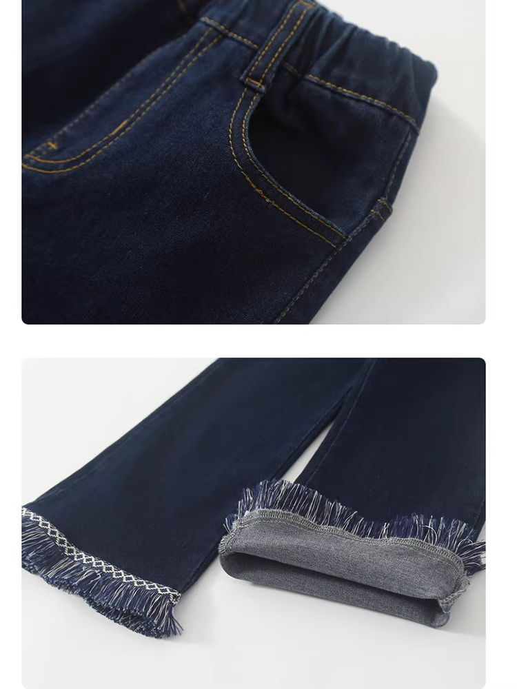 Quần jeans nữ xuân thu 2025 kiểu dáng mới, quần loe viền tua rua và dây đeo, quần dài denim đa năng cho trẻ lớn hơn, viền tua rua