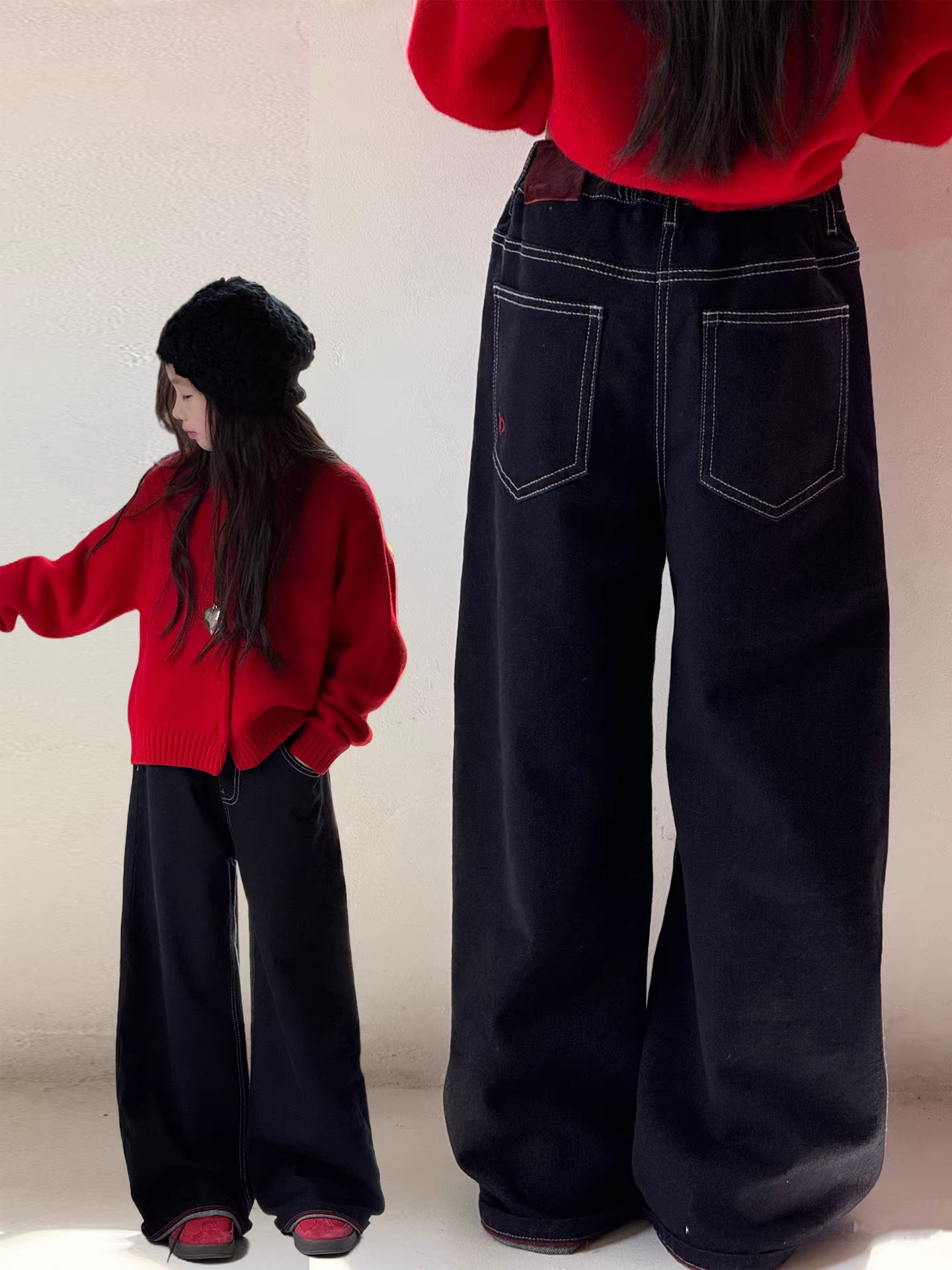 Quần jean ống đứng thêu hình trái tim thời trang cho bé gái, kiểu thu đông 2025, quần đa năng, phong cách thường ngày, dành cho trẻ lớn, dáng nhỏ nhắn, quần dài