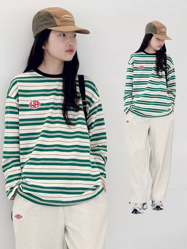 Áo thun dài tay kẻ sọc cotton nguyên chất phong cách retro trẻ em Hàn Quốc mùa xuân 2025