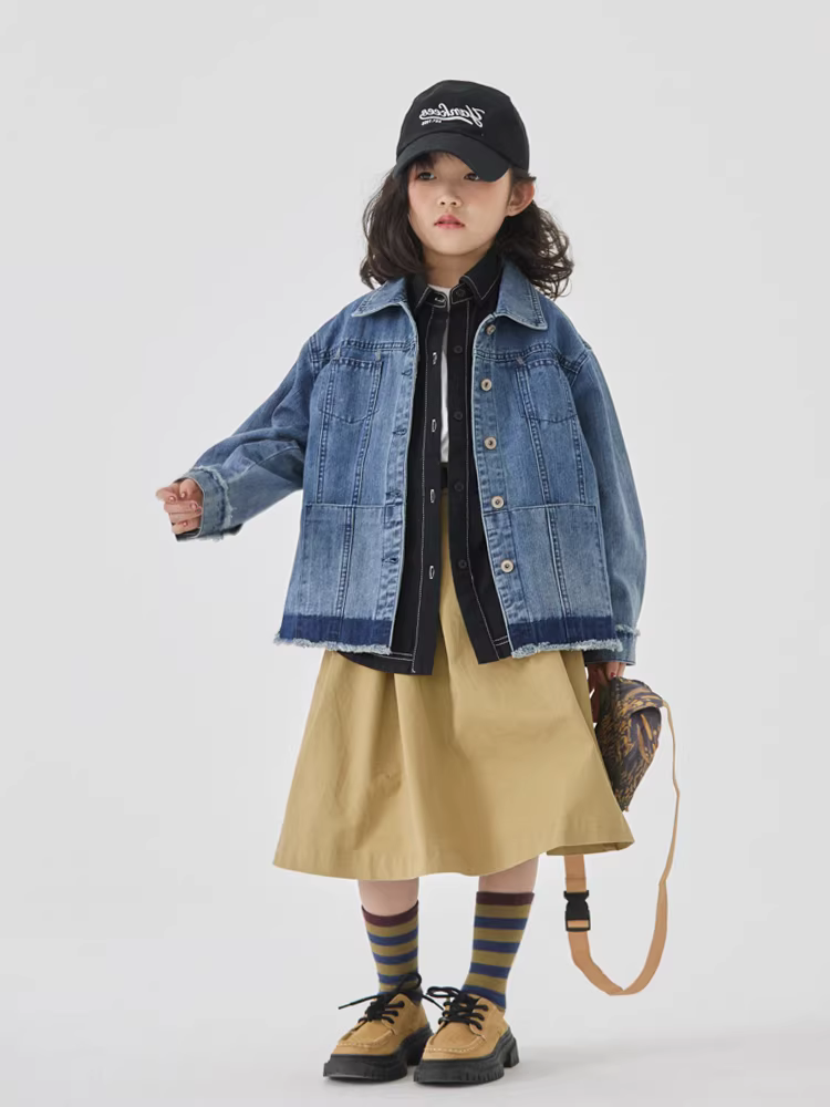 Áo khoác denim mùa xuân 2025 dành cho bé gái, unisex, áo trẻ em mùa xuân thu cho trẻ lớn hơn, cổ áo dựng đứng, kiểu dáng cổ điển