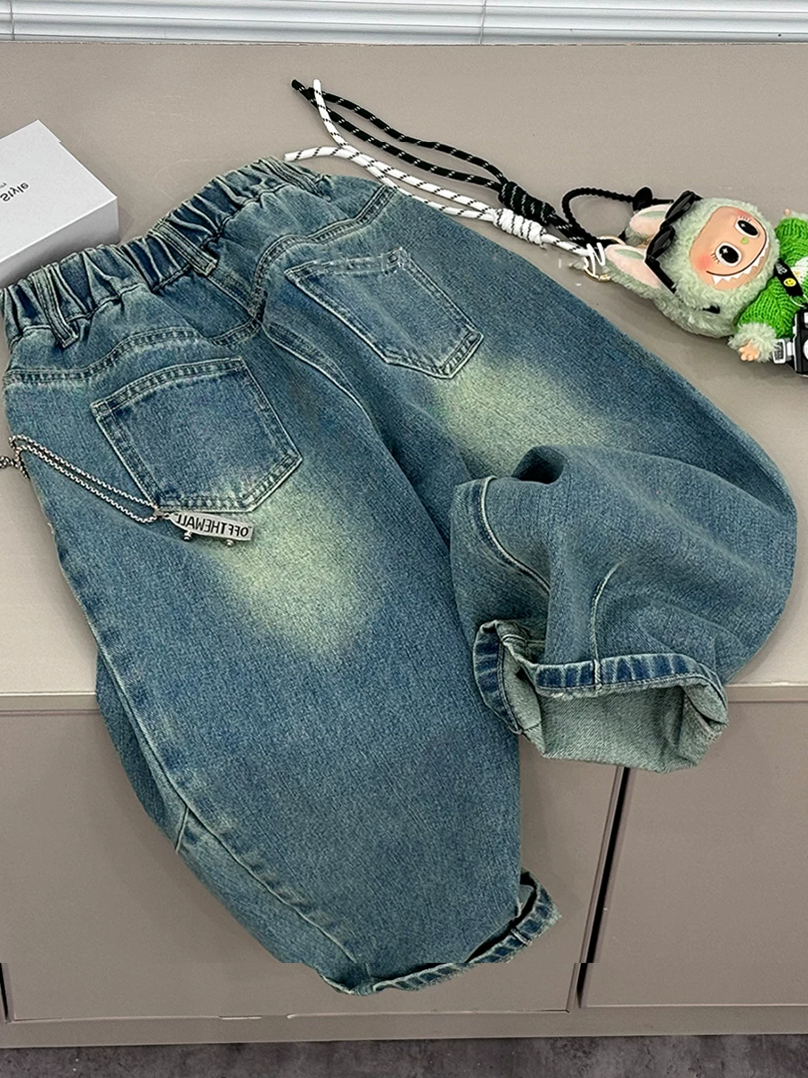 Quần jeans thu đông bé trai 2025 kiểu Hàn Quốc mới, dáng rộng, phong cách bố, dành cho trẻ lớn, quần ống rộng, phong cách đường phố, nhảy hiện đại