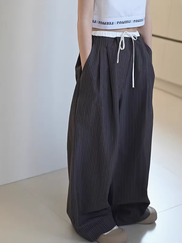 Quần bé gái quần âu trẻ em 25 xuân hè kiểu mới quần ống rộng thường ngày cho trẻ lớn quần ống rộng kẻ sọc cho bé gái