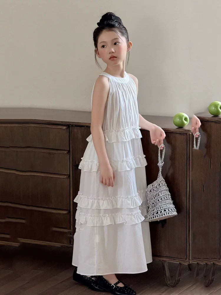 Váy kiểu dáng ngày lễ dành cho bé gái váy dài cổ yếm váy mùa hè váy bánh ngọt quần áo trẻ em màu trắng cotton nguyên chất váy tank top lười biếng