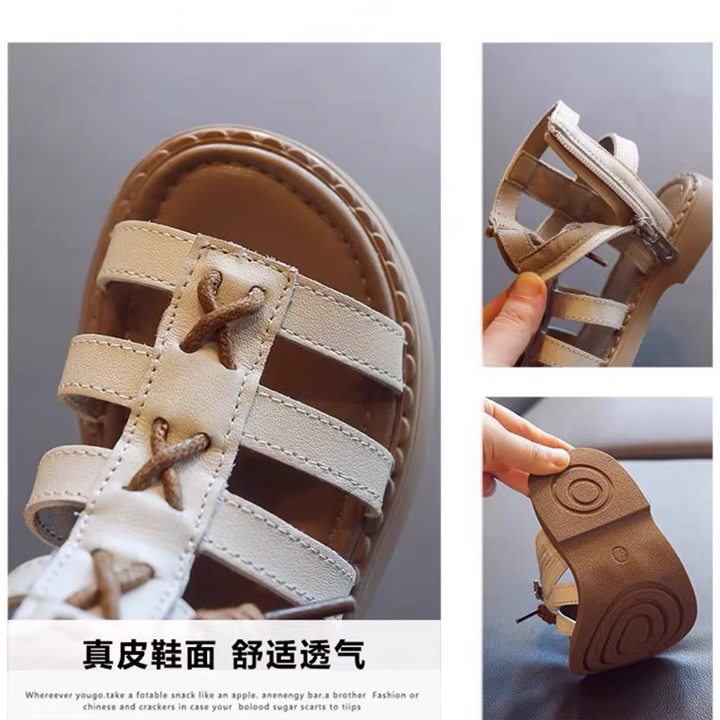 Dép công chúa da thật cho bé gái mùa hè 2025 kiểu mới thời trang, giày đi biển đế mềm cho bé gái, giày La Mã trẻ em