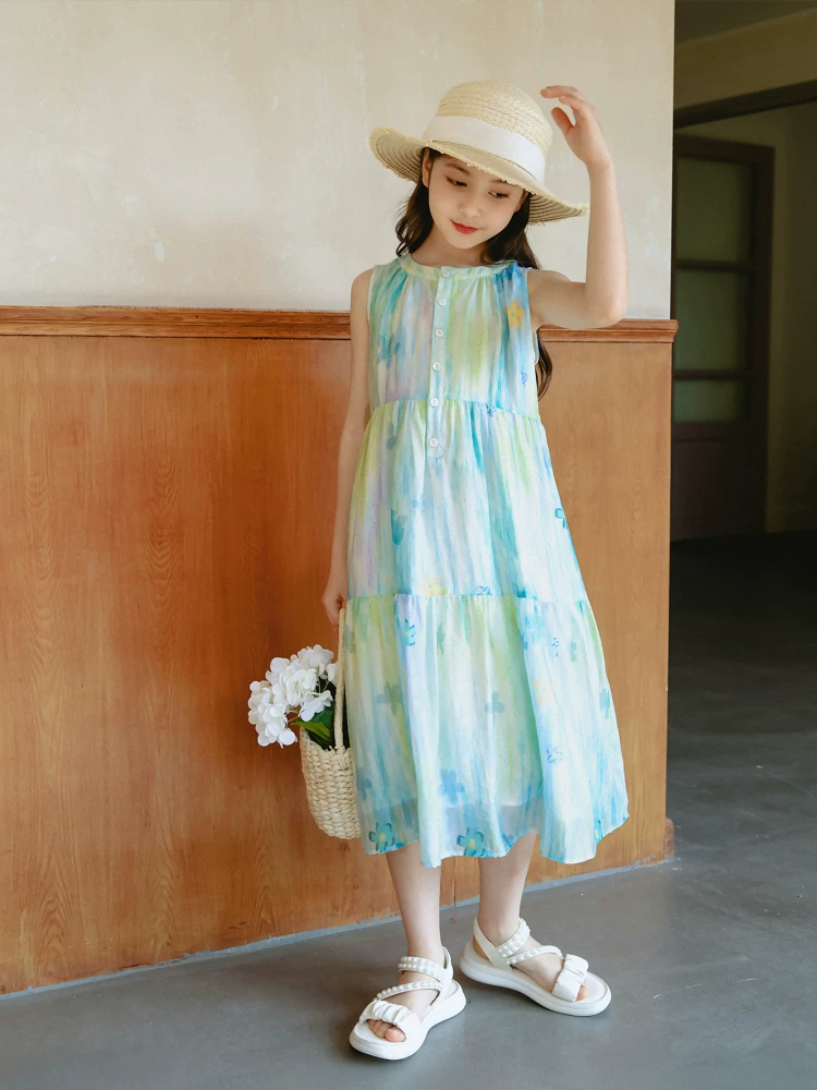 Váy bé gái hè 2025 kiểu mới, váy không tay cho trẻ lớn, váy dài nhuộm tie-dye, váy hai dây nhỏ nhắn