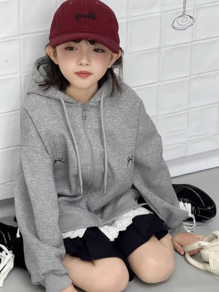 Áo khoác có mũ trùm đầu phối ren, khóa kéo, kiểu Hàn Quốc, dáng rộng, dành cho bé gái, hàng mới thu đông 2025