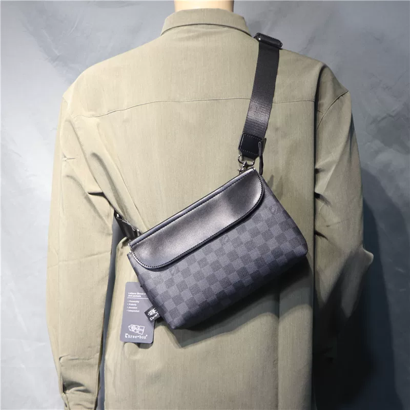 threebox Túi đeo chéo nhỏ kiểu Nhật thời thượng, họa tiết ca rô, túi đeo vai nam thời trang, túi đeo chéo nữ có nắp gập