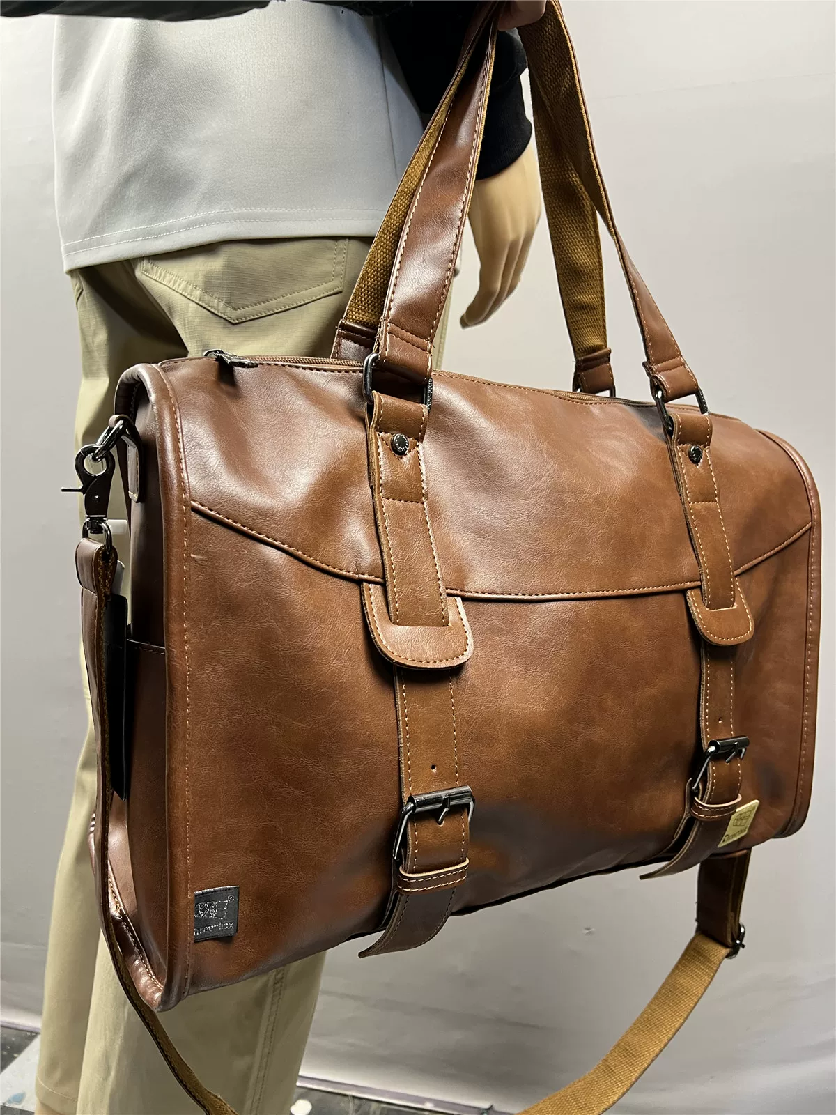 Túi xách nam da thật thời trang ba ngăn, túi du lịch ngoài trời cỡ lớn, túi đeo chéo cổ điển dành cho nam