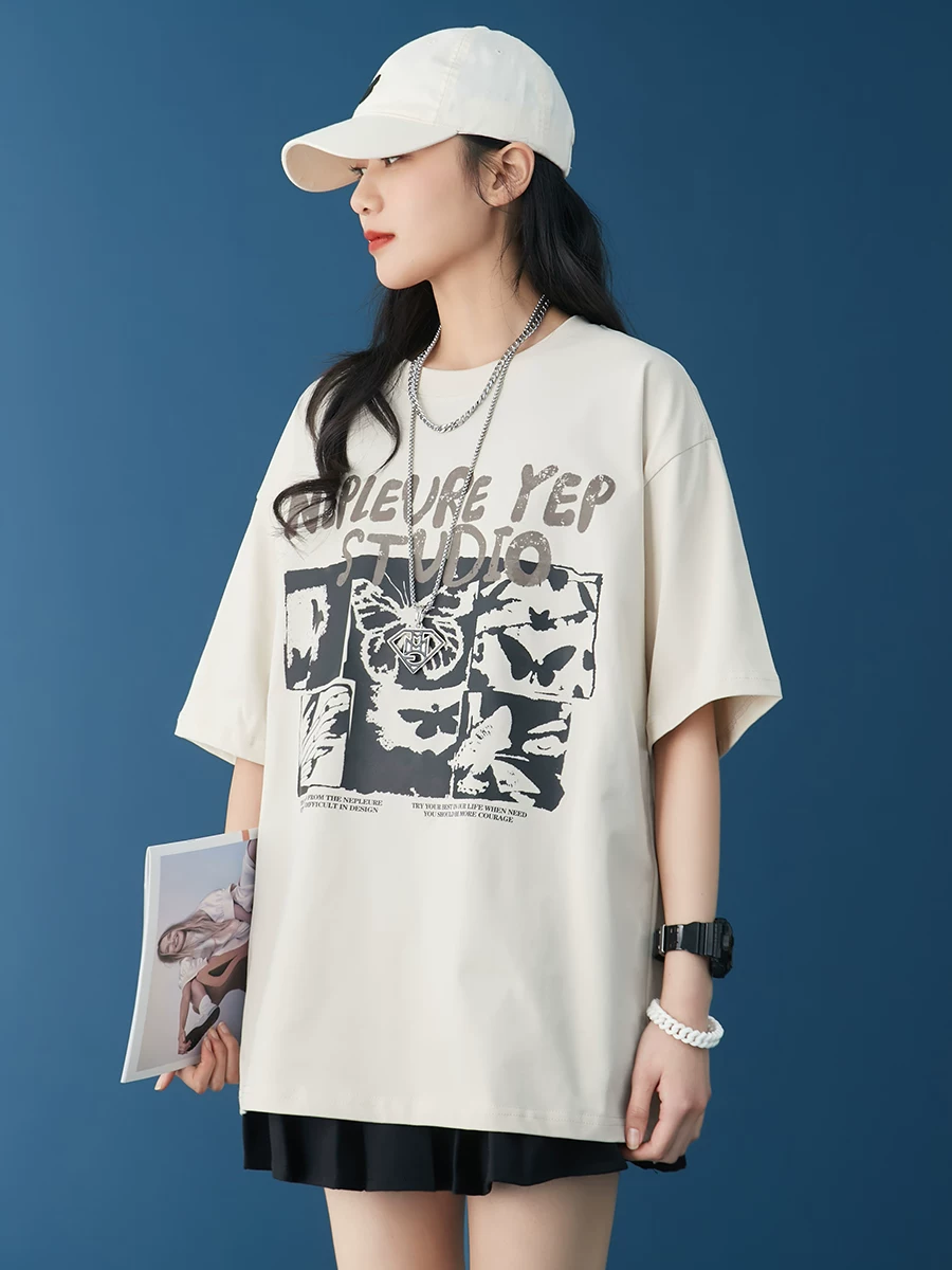 Mùa hè phong cách mới cotton nguyên chất màu mơ dáng rộng dài ngang vai áo nửa tay phong cách Hàn Quốc dành cho học sinh Áo thun ngắn tay thoáng mát dành cho nữ ins