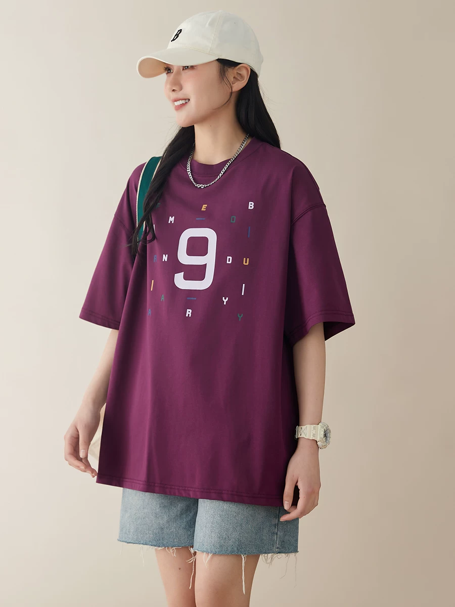 Áo thun in họa tiết kiểu Mỹ, dáng rộng, chất liệu cotton nguyên chất, áo nửa tay dành cho học sinh, mẫu mới hè 2024 dành cho nữ.
