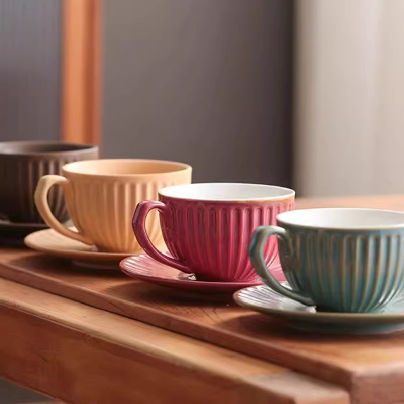 Tách cà phê kiểu Âu dày dặn, tách cappuccino latte art bằng gốm có đĩa, tách espresso miệng rộng, 300ml