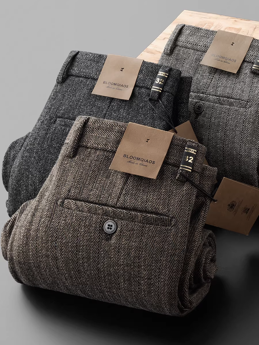 Quần dài nam chất liệu len cao cấp nhập khẩu, kiểu dáng thẳng, họa tiết xương cá, phong cách Anh, ấm áp và thời trang, thích hợp cho mùa thu đông.