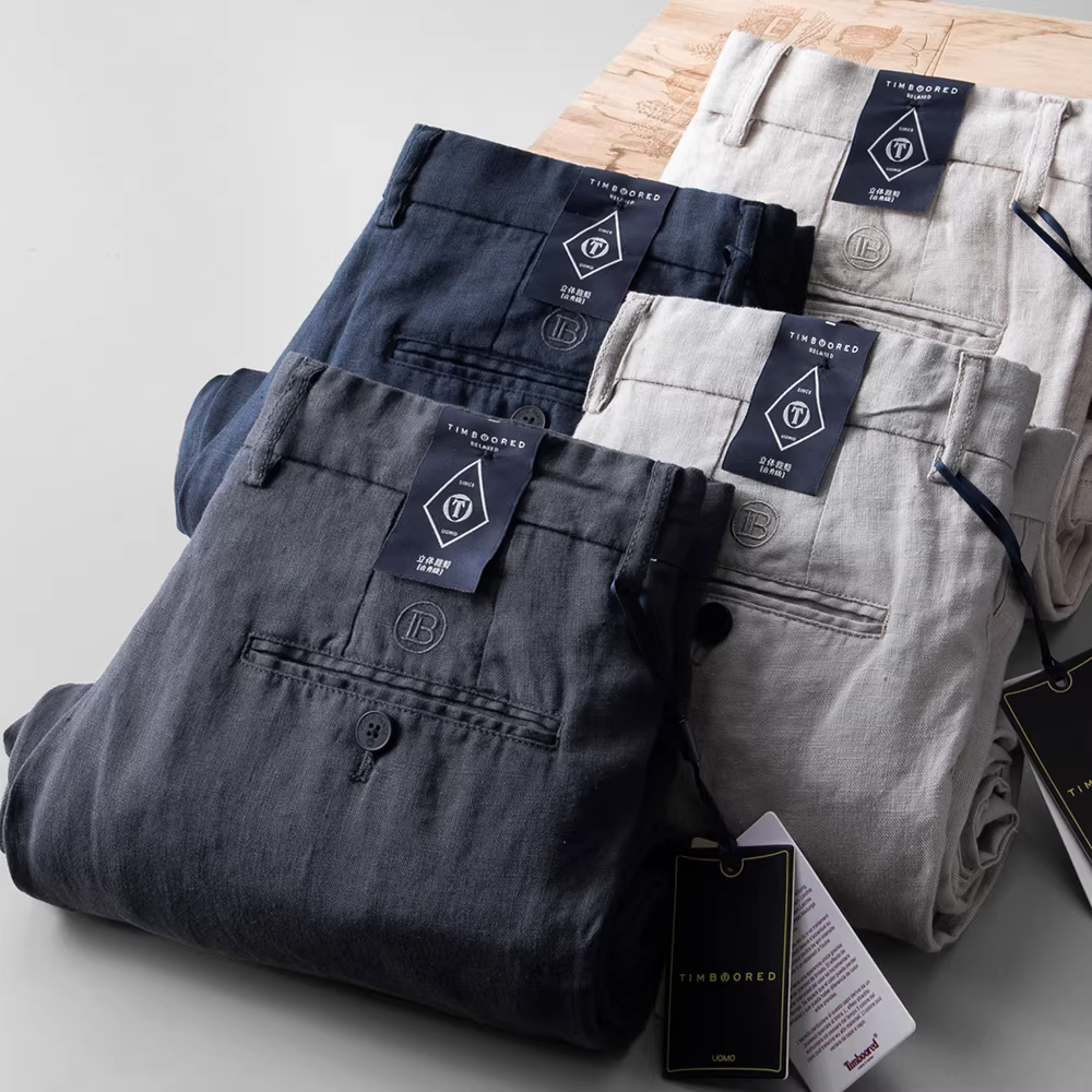 Quần vải lanh nam kiểu mới mùa hè, quần dài thẳng dáng công sở thêu chữ B, rộng rãi, thoáng mát và mỏng nhẹ.