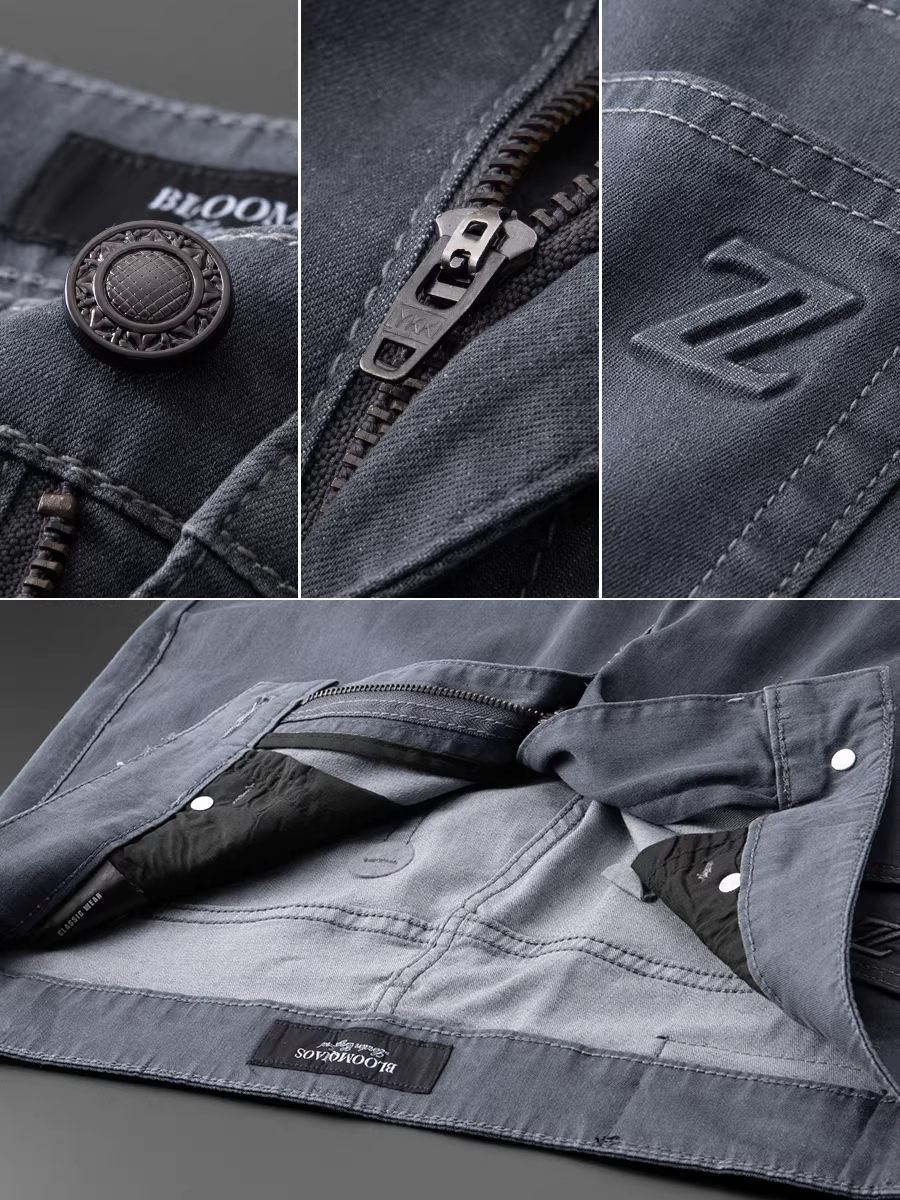 Quần jean nam màu xám xanh nhạt, kiểu dáng thẳng, chất liệu cotton co giãn, thoáng khí, đa năng, thích hợp cho mùa hè.