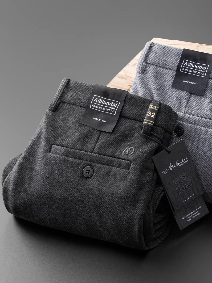 Quần âu nam chất liệu len pha twill mới mùa thu đông, dáng thẳng, rộng rãi, dày dặn, lót lông mềm mại, co giãn.