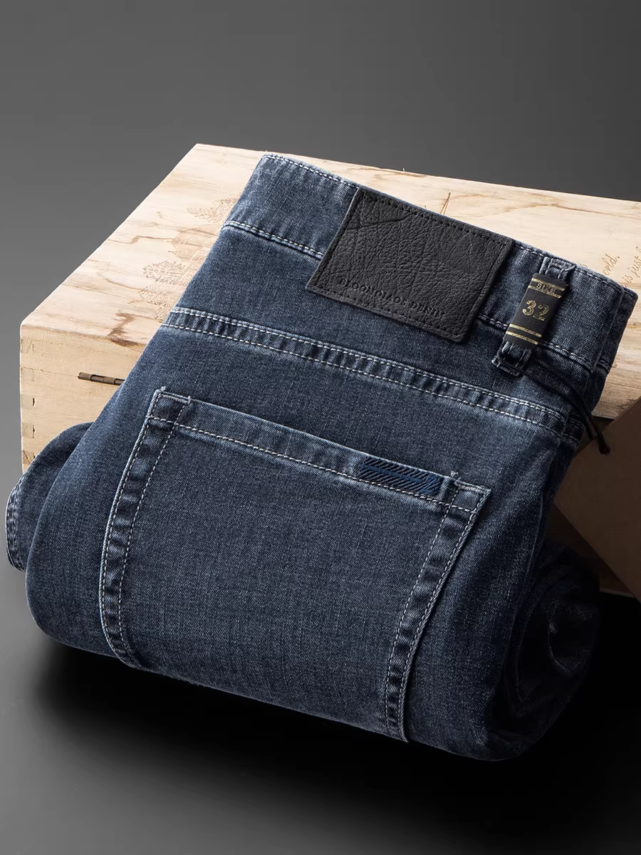 Quần jean nam màu xanh đậm mới mùa xuân hè, quần dài thẳng, phong cách công sở giản dị, đa năng, mềm mại, thoáng khí, chất liệu cotton co giãn