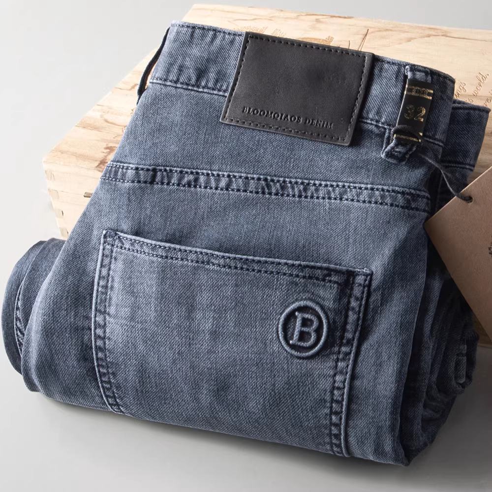 2023 Xuân/Hè Mới Nam Quần Jean Ống Thẳng Giặt Xám-Xanh Cotton Co Giãn Denim Quần Dài Mỏng Đa Năng thoáng Khí