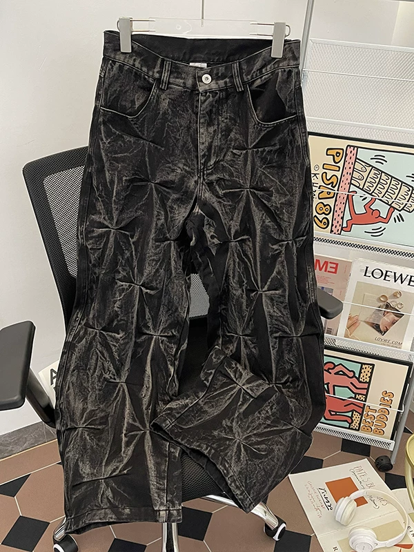 Quần jeans xếp ly dài chạm sàn dành cho nam, thương hiệu thời trang mùa hè, quần ống rộng rách cá tính, quần dài thiết kế độc đáo phong cách Mỹ.