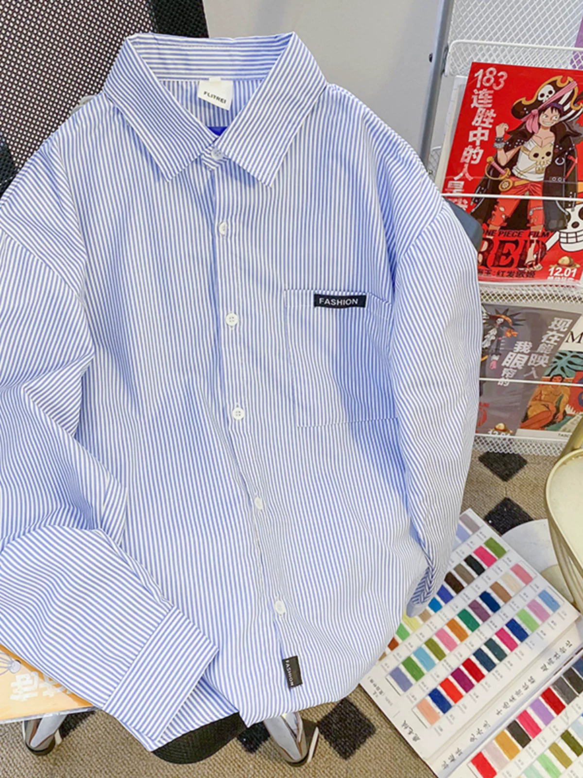 Áo sơ mi sọc rộng kiểu BF phong cách Hồng Kông dành cho nam, áo sơ mi thường ngày dài tay mùa xuân thu, áo khoác học sinh đa năng hợp thời trang.