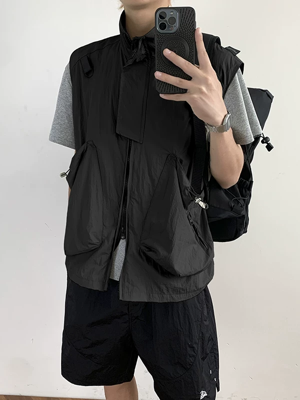 Áo vest đa năng ngoài trời dành cho nam, phong cách retro Nhật Bản mùa hè với túi lớn, áo khoác công sở không tay cổ đứng thời thượng.