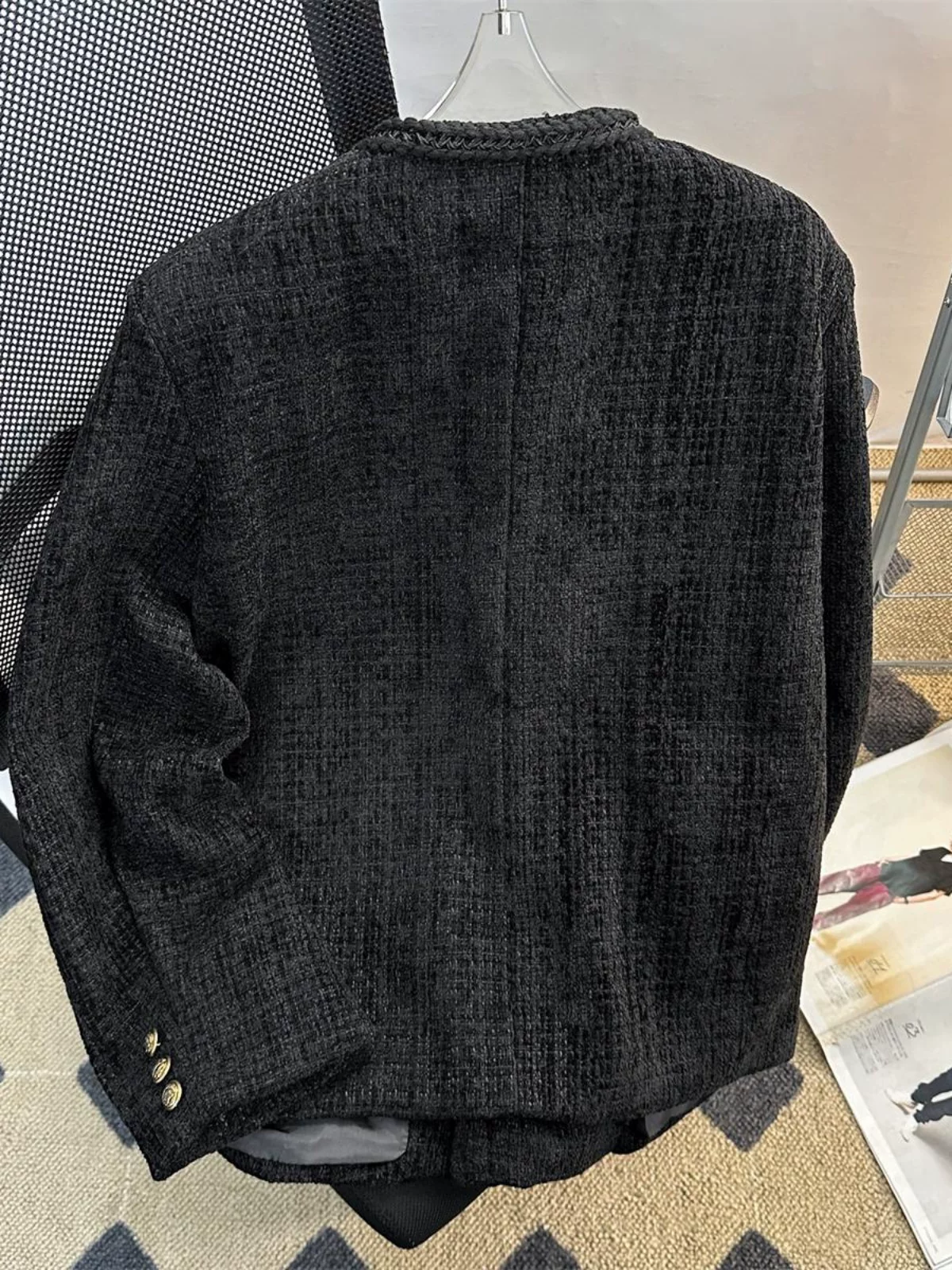 Áo khoác nam kiểu Chanel hai hàng khuy, blazer len ngắn cho mùa xuân thu, áo kiểu Mỹ thời thượng.