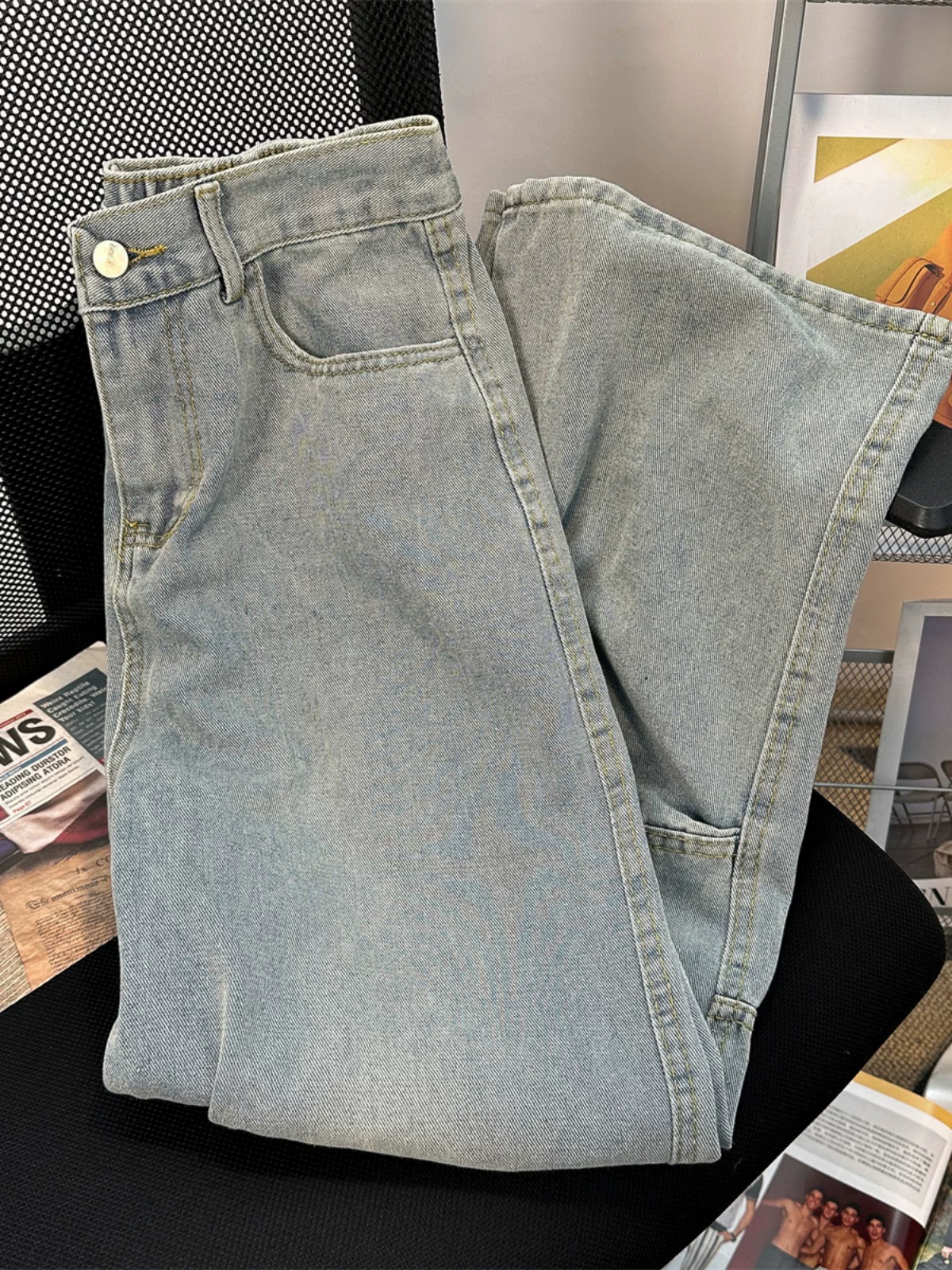 Quần jeans thiết kế thời trang nam, quần bố kiểu Mỹ phối vải chắp vá, quần ống rộng dáng suông xu hướng xuân thu.