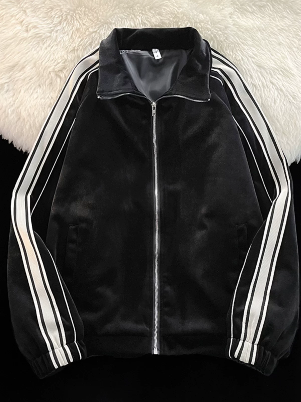 Bộ đồ thể thao nam kiểu Mỹ, thu đông, áo khoác nhung kẻ sọc phối màu, quần ống đứng, bộ hai món thời trang.