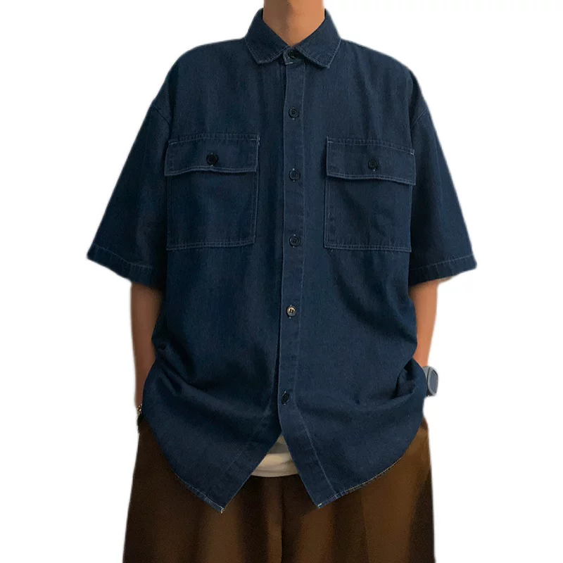 Áo sơ mi denim phong cách retro Nhật Bản dành cho nam, áo sơ mi công sở ngắn tay thương hiệu BF hợp thời trang mùa hè, áo khoác nửa tay rộng rãi thoải mái.