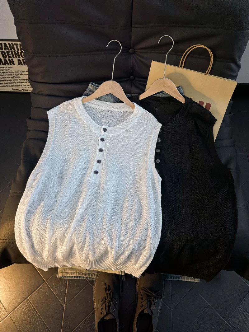Áo vest dệt kim cổ Henry kiểu Mỹ dành cho nam, áo vest mùa hè thoáng khí, kiểu dáng rộng rãi, thương hiệu thời thượng, cảm giác đơn giản và cao cấp.