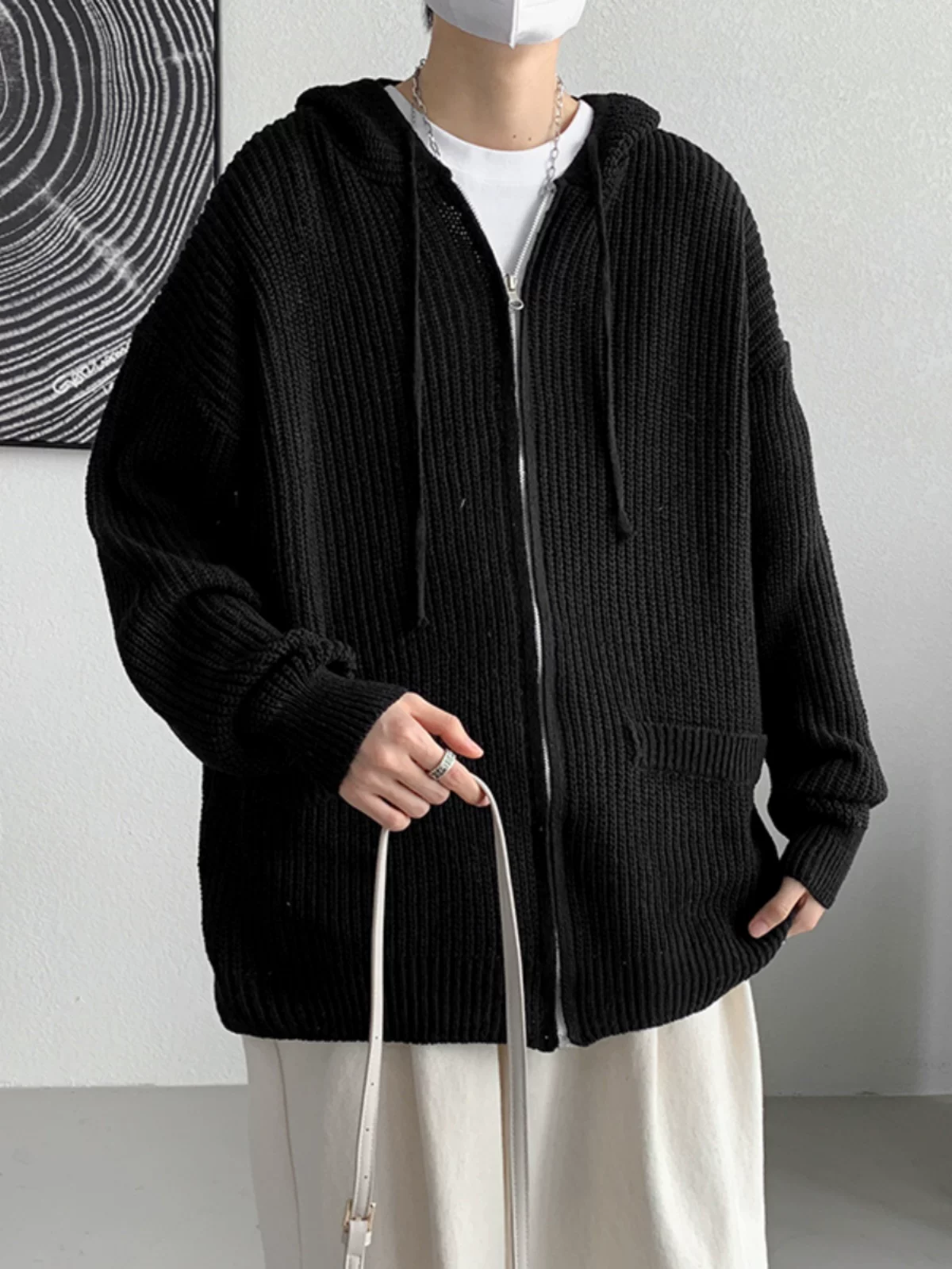 Áo len cardigan phong cách lười biếng dành cho nam, áo len có mũ rộng rãi, áo khoác cặp đôi phong cách retro Nhật Bản hợp thời trang mùa xuân thu.