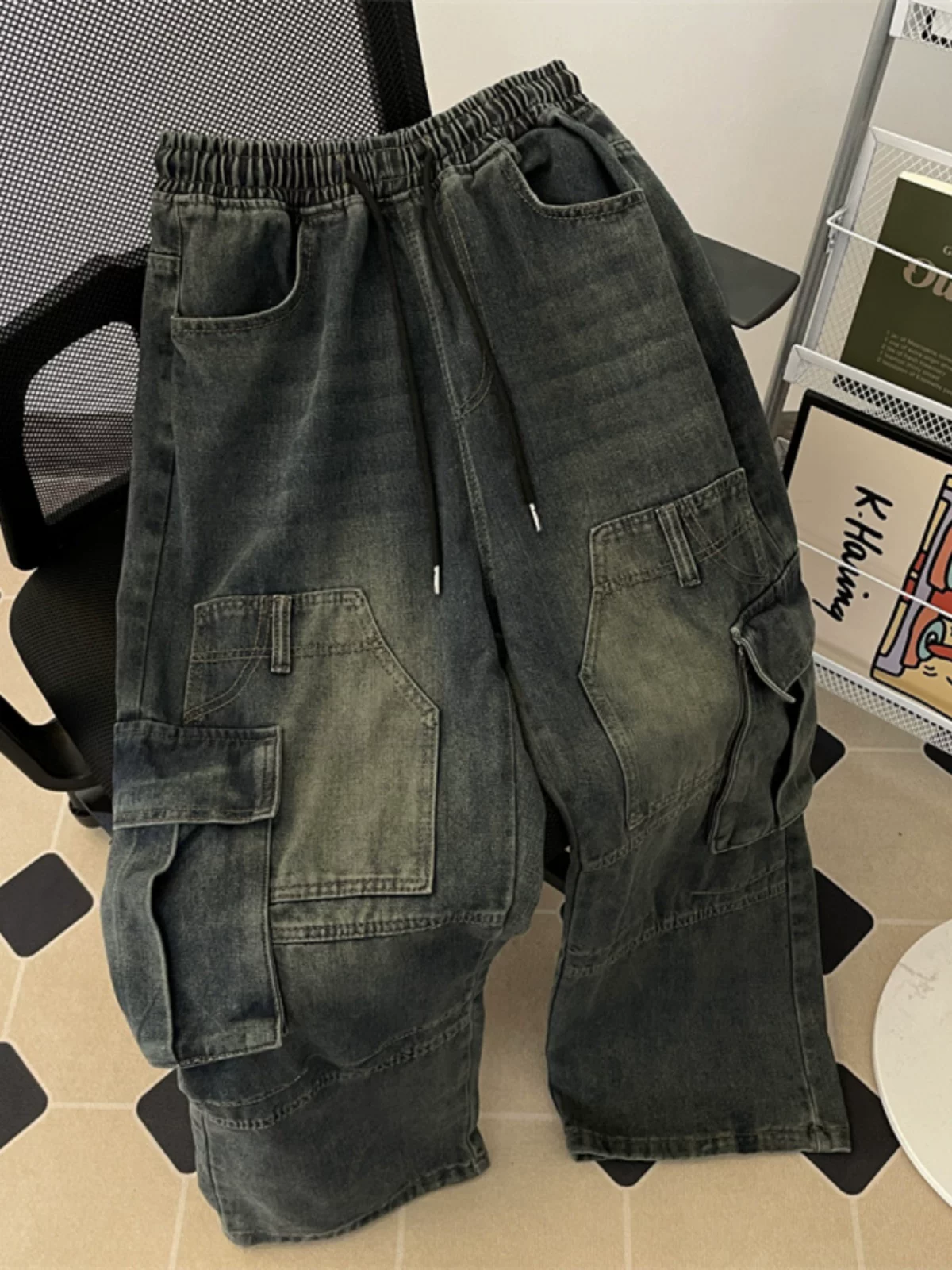 Quần jean công sở nhiều túi thời thượng dành cho nam, quần dài phong cách Mỹ cổ điển mới mùa thu đông, quần ống rộng dài chạm sàn.