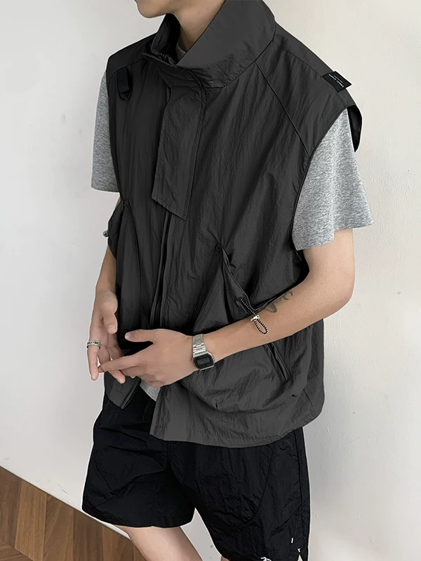 Áo vest đa năng ngoài trời dành cho nam, phong cách retro Nhật Bản mùa hè với túi lớn, áo khoác công sở không tay cổ đứng thời thượng.